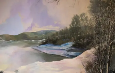 mural of a lakeside landscape in winter