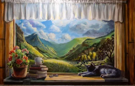 a painting of a window overlooking a mountain range
