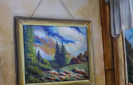 A painting of a painting that shows a mountainous landscape with pine trees