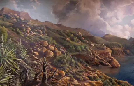 Painting of a rocky seaside landscape