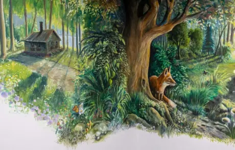 A lush, green forest with a cabin and a fox