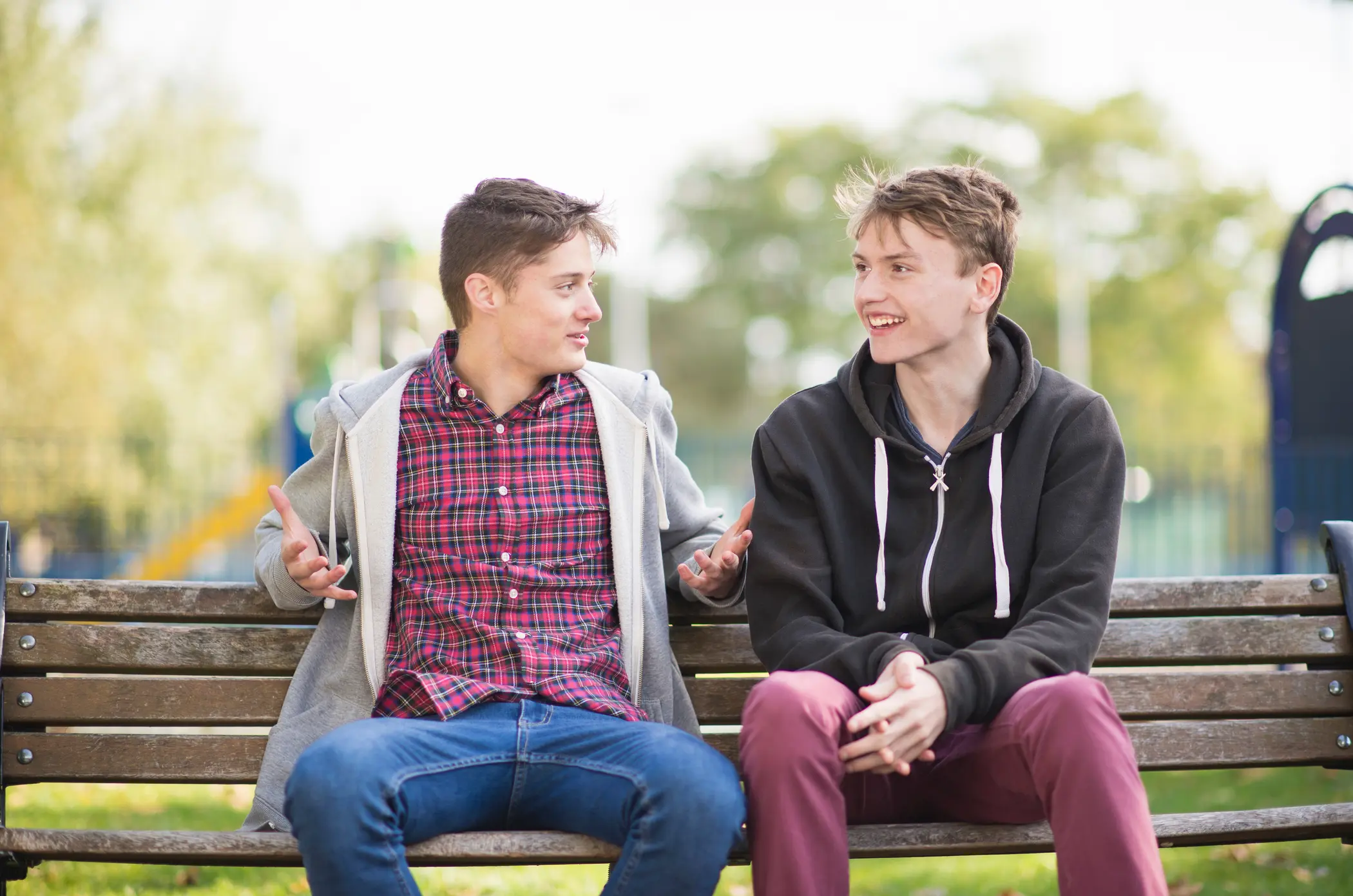 teenage boys conversing on a bench